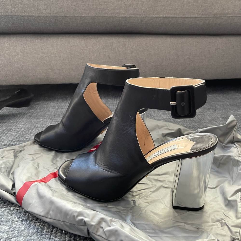 Prada Black/Silver Bicolor Open-Toe Block-Heel Sa… - image 8